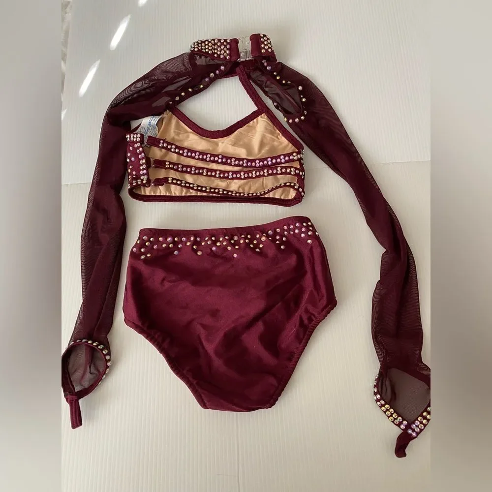 Glamour solo dance costume burgundy red 2 piece jazz contemporary MC-Med child